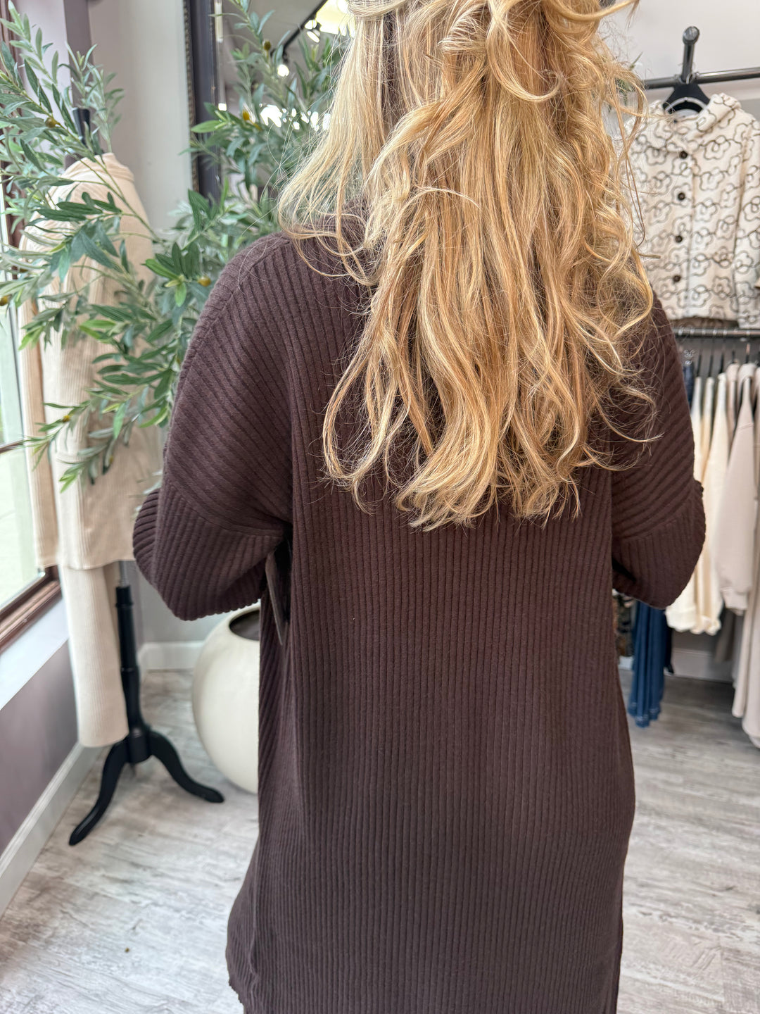 St. Moritz Ribbed Open Cardigan back view in brown showing ribbed knit
