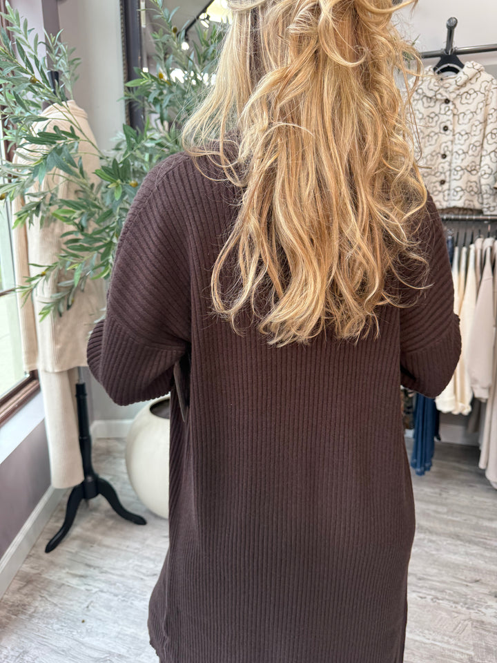 St. Moritz Ribbed Open Cardigan back view in brown showing ribbed knit
