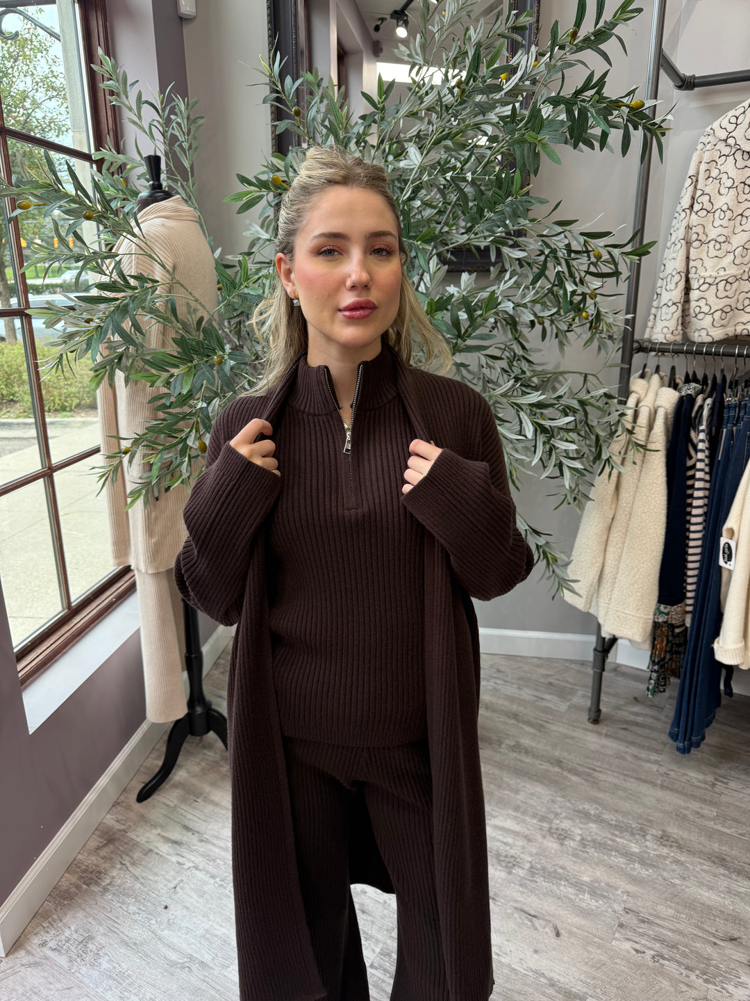St. Moritz Ribbed Open Cardigan in brown styled over matching zip mock neck tank, front view