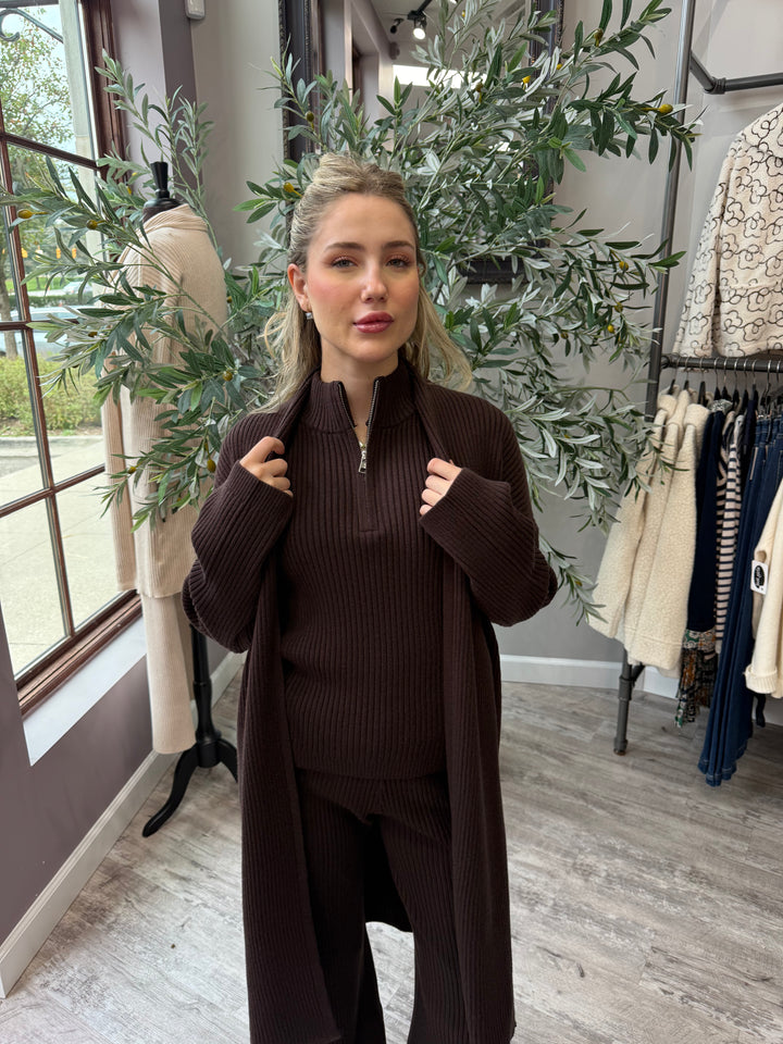 St. Moritz Ribbed Open Cardigan in brown styled over matching zip mock neck tank, front view