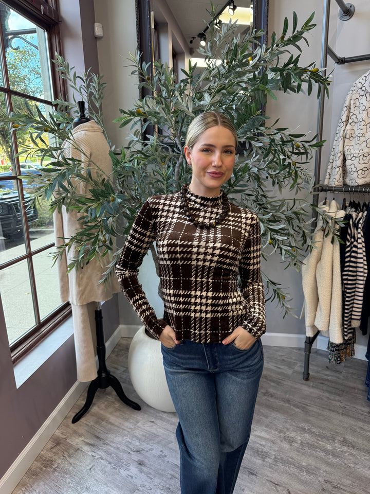 Windsor Plaid Velour Mock Neck Top