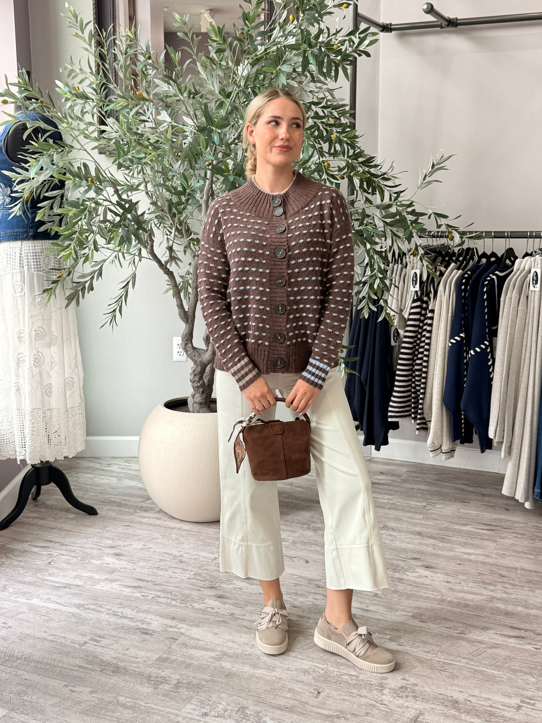 Two Tone Dot Fleck Button Cardigan