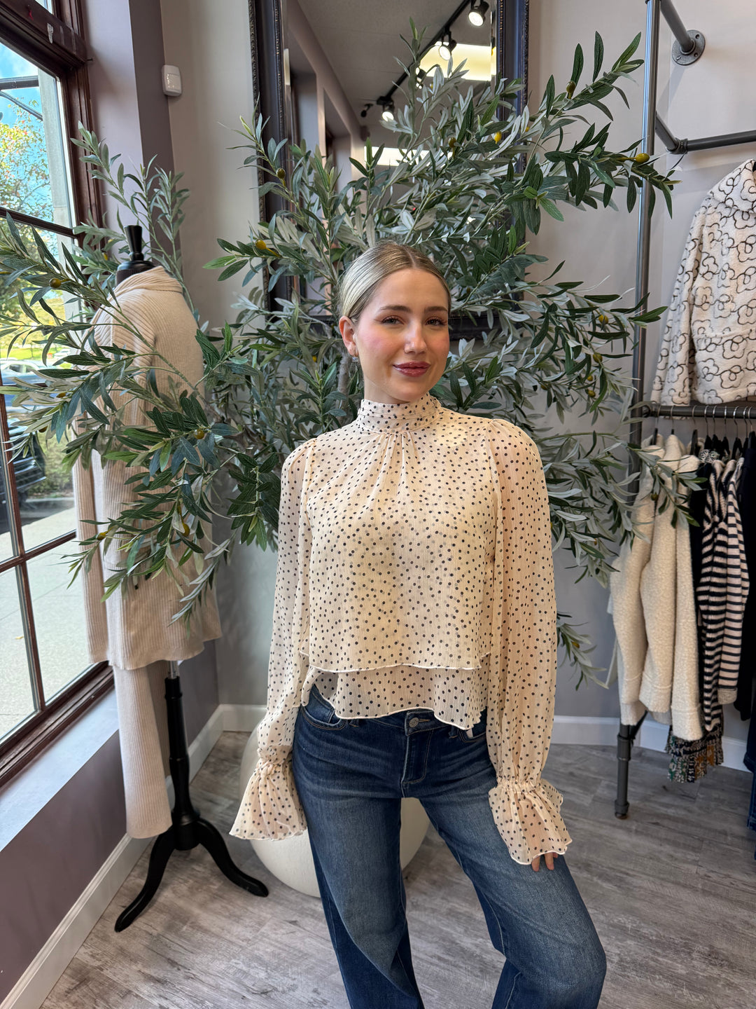 Juliette Polka Dot Blouse in cream with black polka dots and blouson sleeves, waist-up front view