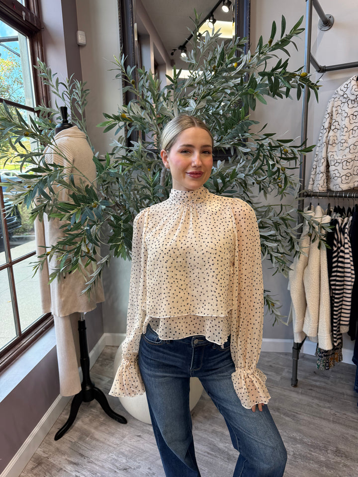 Juliette Polka Dot Blouse in cream with black polka dots and blouson sleeves, waist-up front view