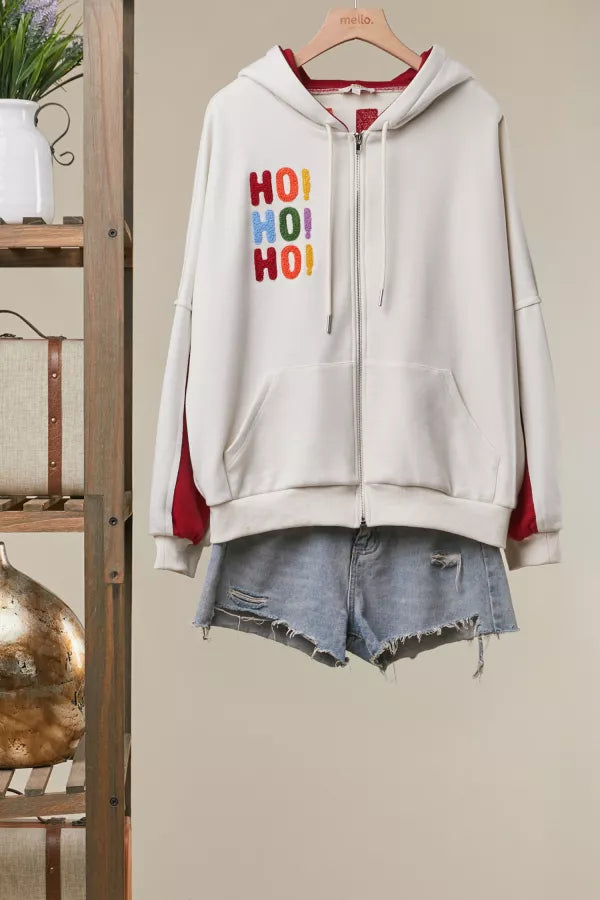 Ho Ho Ho Zip Hoodie in ivory with rainbow chenille HO HO HO lettering, front view