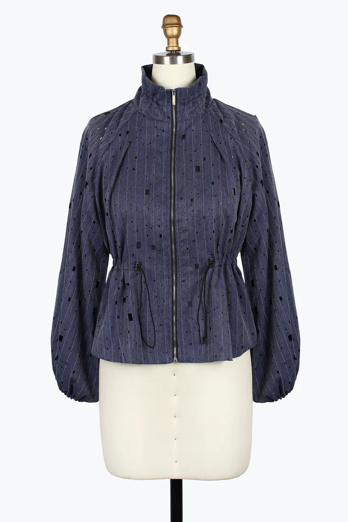 Blue textured jacket on a mannequin against a white background