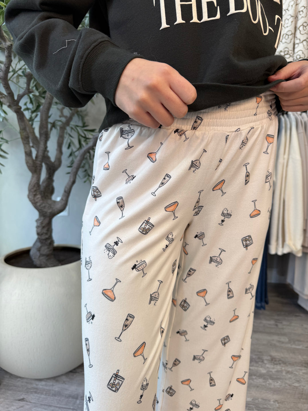 Boo-zy Pajama Pants close-up of elastic waistband and cocktail glass print