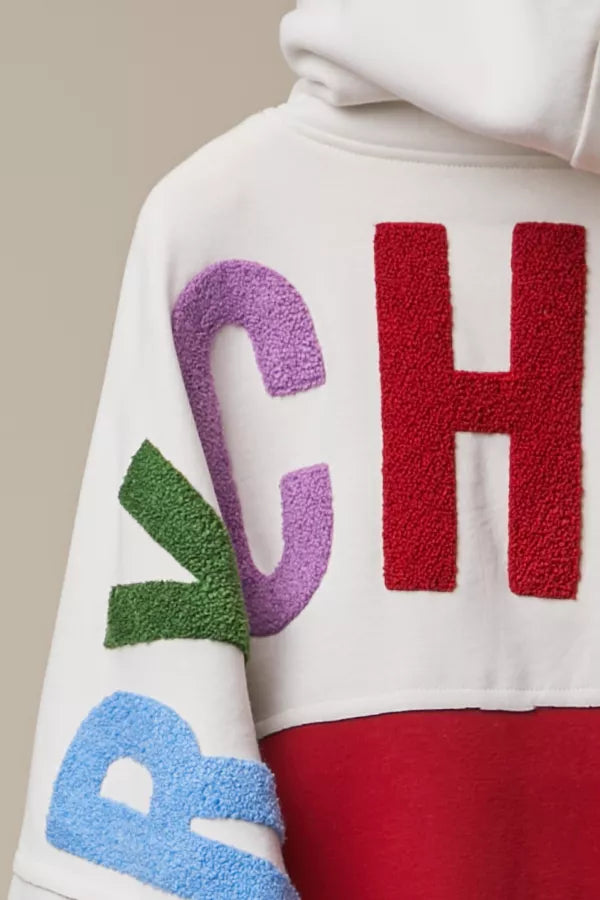 Ho Ho Ho Zip Hoodie close-up of chenille lettering and red color-block back panel