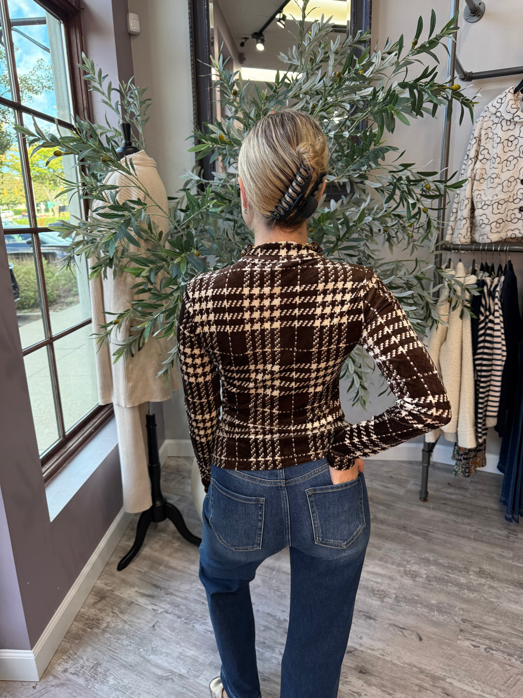 Windsor Plaid Velour Mock Neck Top