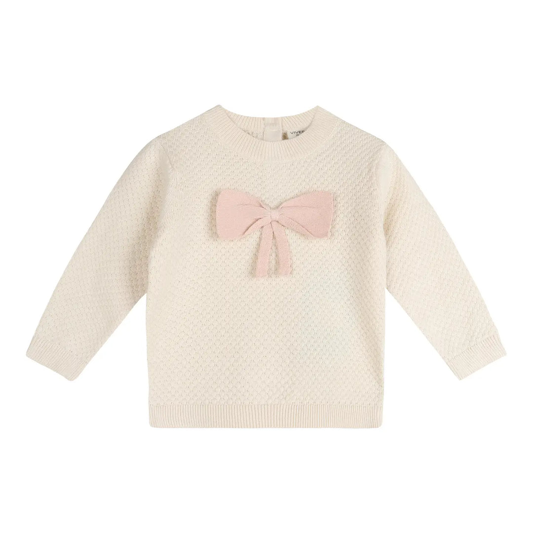 Ella Bow Knit Baby Pullover Sweater in ecru organic cotton, front view