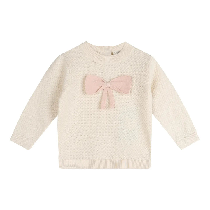 Ella Bow Knit Baby Pullover Sweater in ecru organic cotton, front view