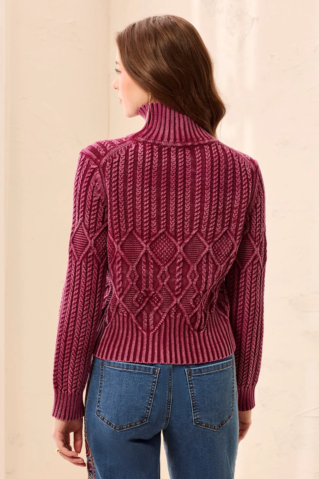 Cherry Frost Cable Sweater in Cherry, view 3