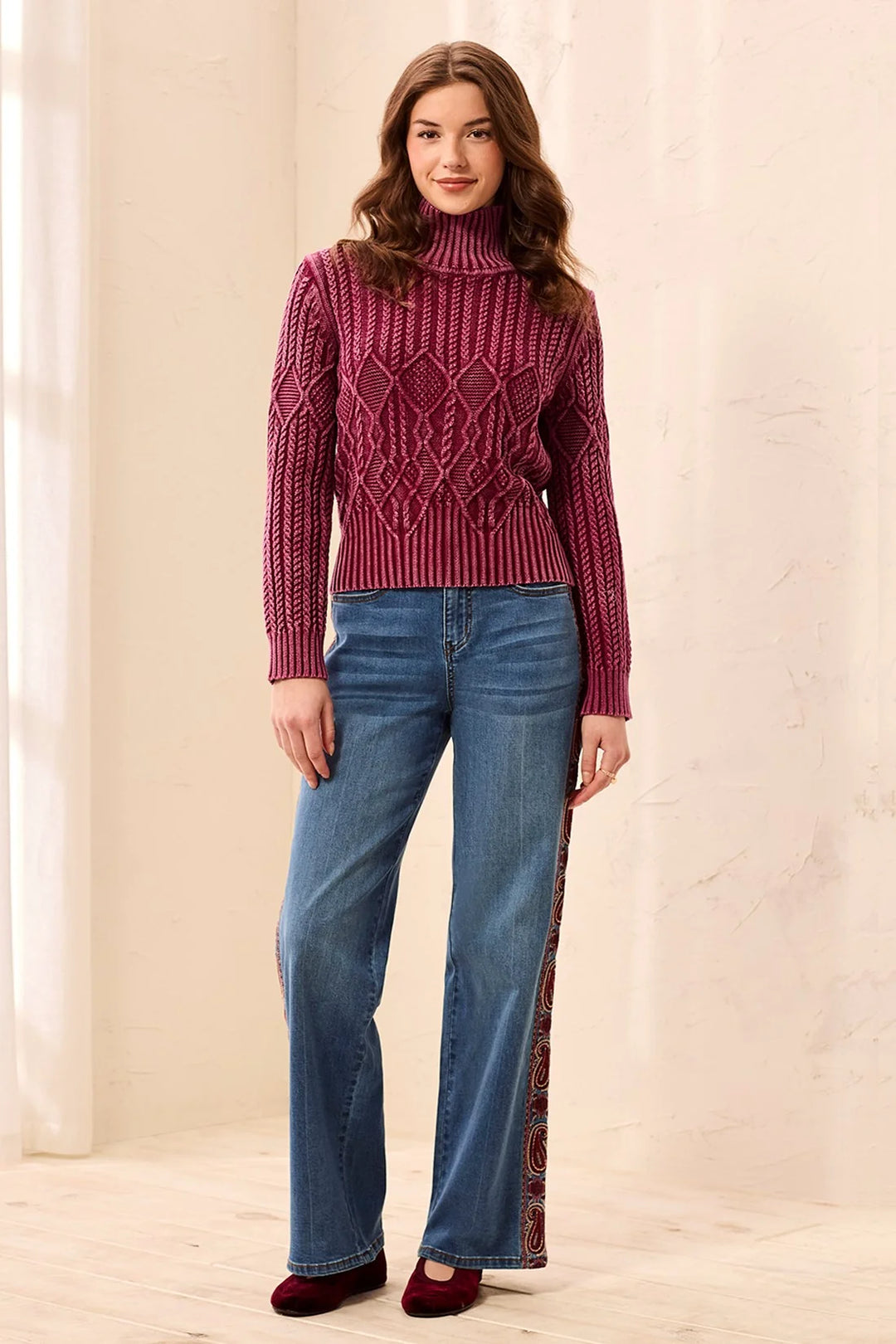 Cherry Frost Cable Sweater in Cherry, view 4
