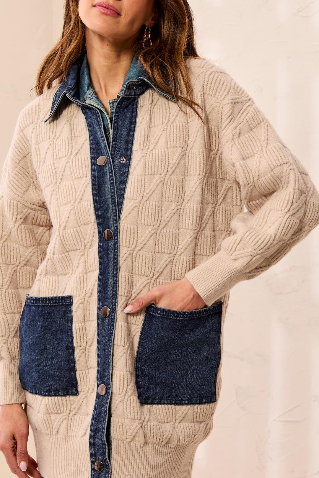 Anna Denim Detail Coatigan in Suede