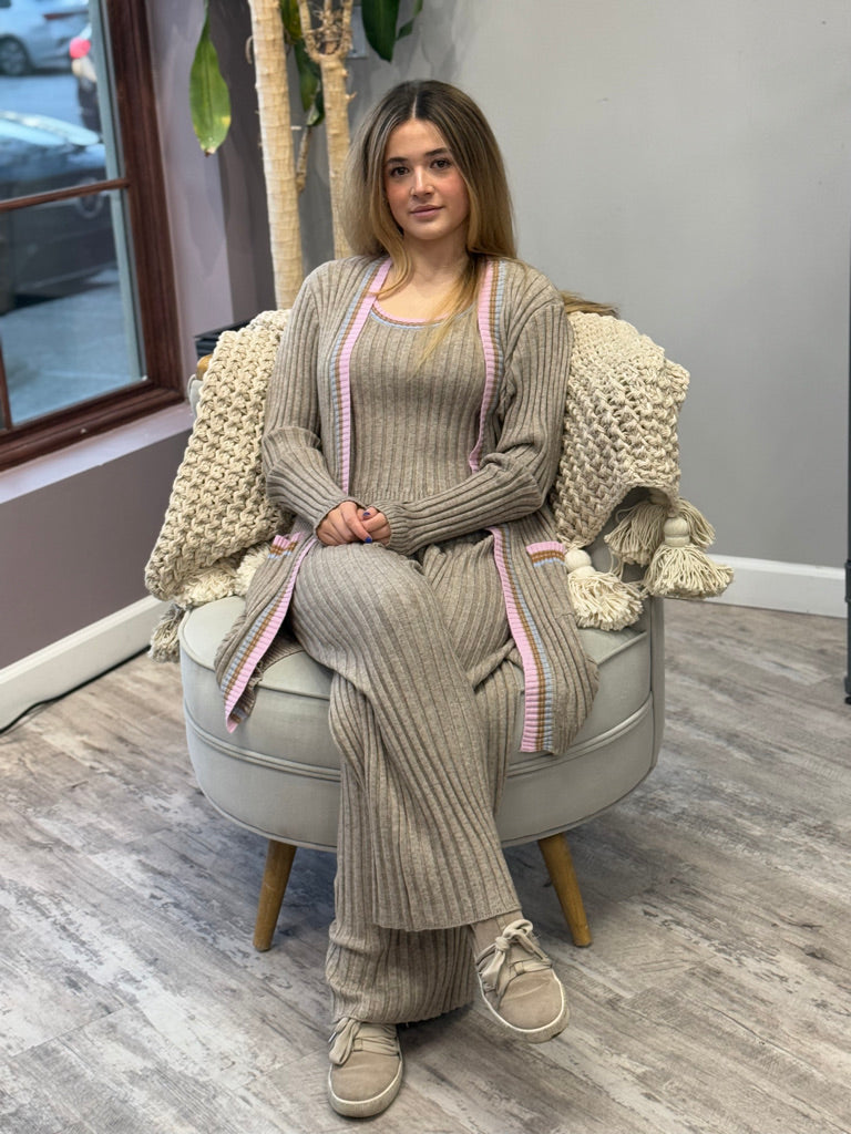 Women's ribbed lounge set in taupe, featuring a long cardigan with lavender trim, a cropped tank top, and matching wide-leg pants. Perfect for cozy, stylish relaxation.