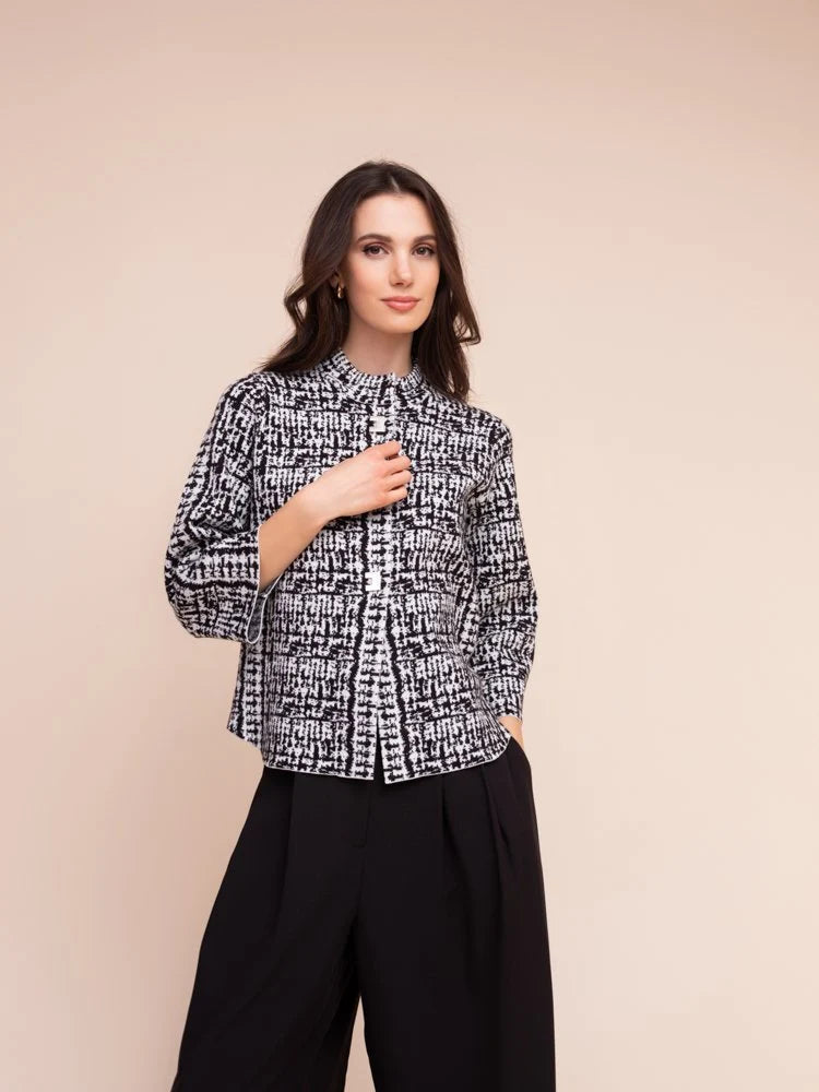 Tweed Illusion Clasp Cardigan in black and white by Alison Sheri, front view