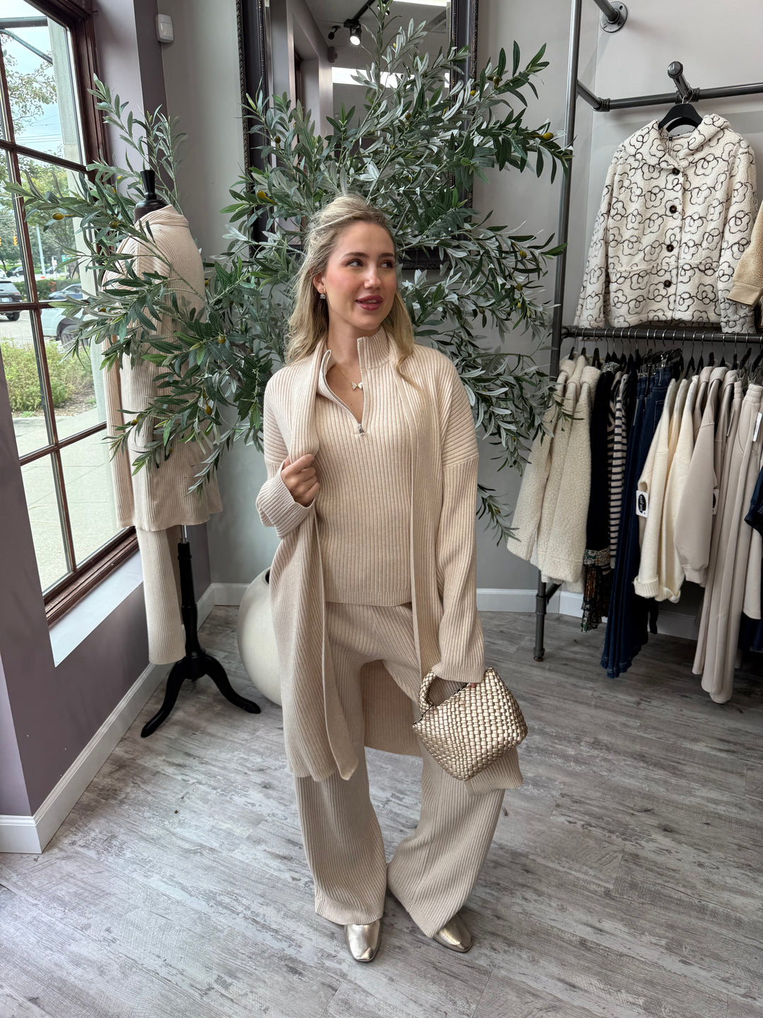 St. Moritz Ribbed Open Cardigan in beige styled with matching wide leg pant, full-length front view