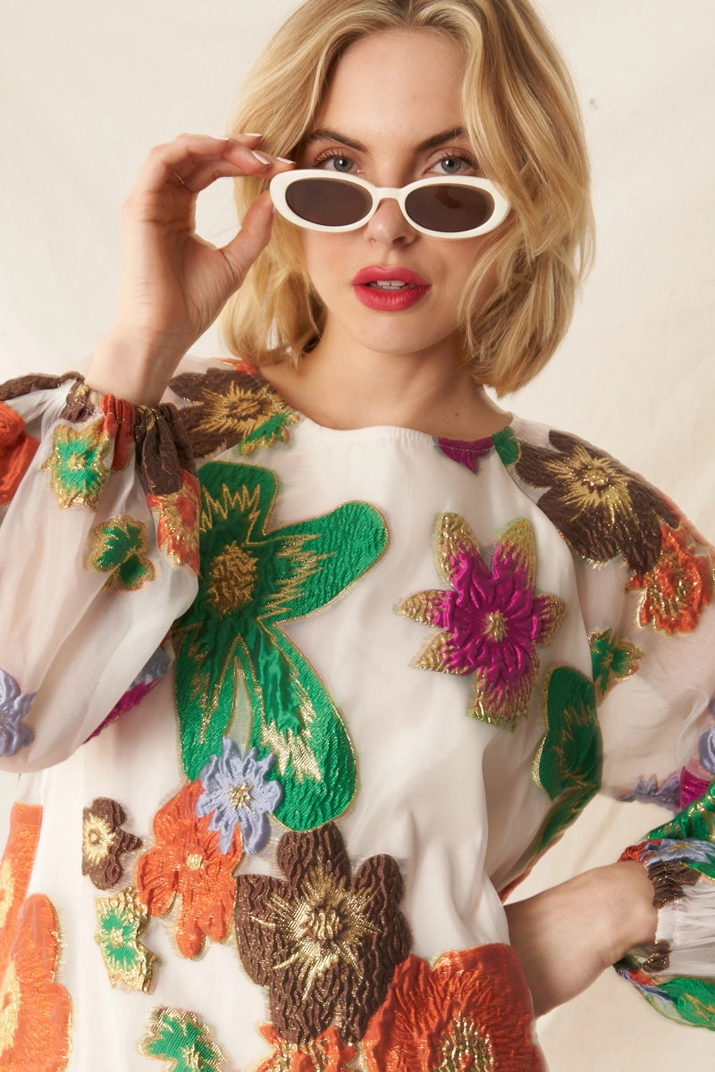 Posy Floral Organza Mini Dress in Cream Multicolor, view 6