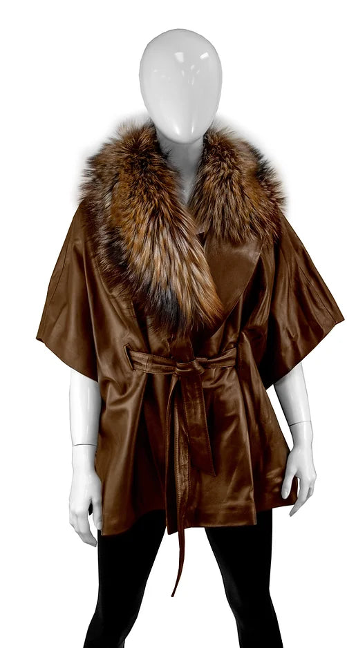 Brigitte Fox Fur Trimmed Leather Cape