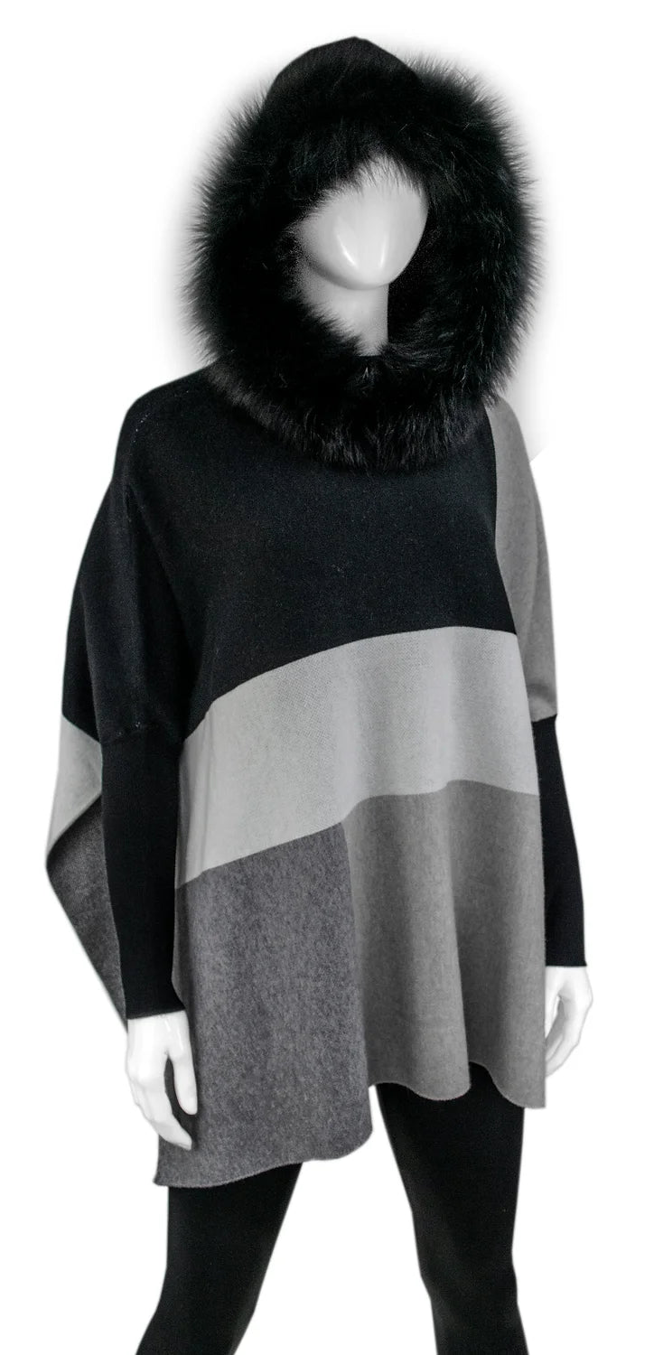 Fox Trim Color Block Poncho, Black/Grey