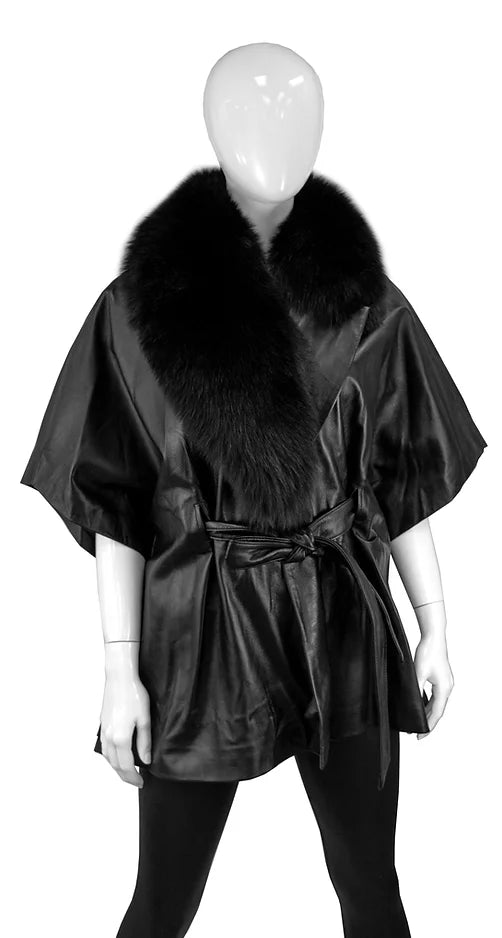 Brigitte Fox Fur Trimmed Leather Cape