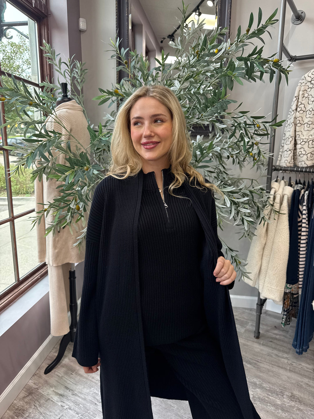 St. Moritz Ribbed Open Cardigan in black with long sleeves and open front, front view