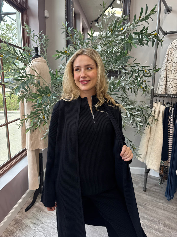 St. Moritz Ribbed Open Cardigan in black with long sleeves and open front, front view