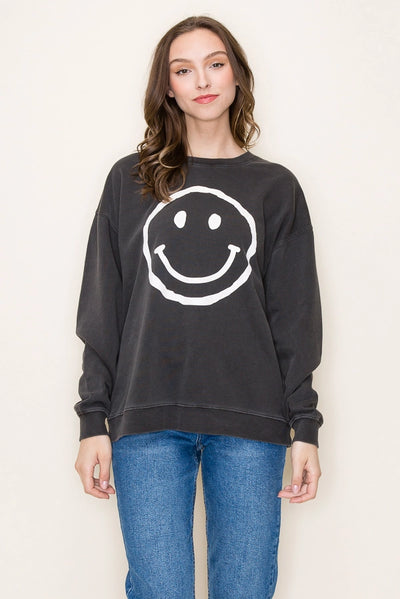 Happy Face Graphic Sweatshirt, Grey