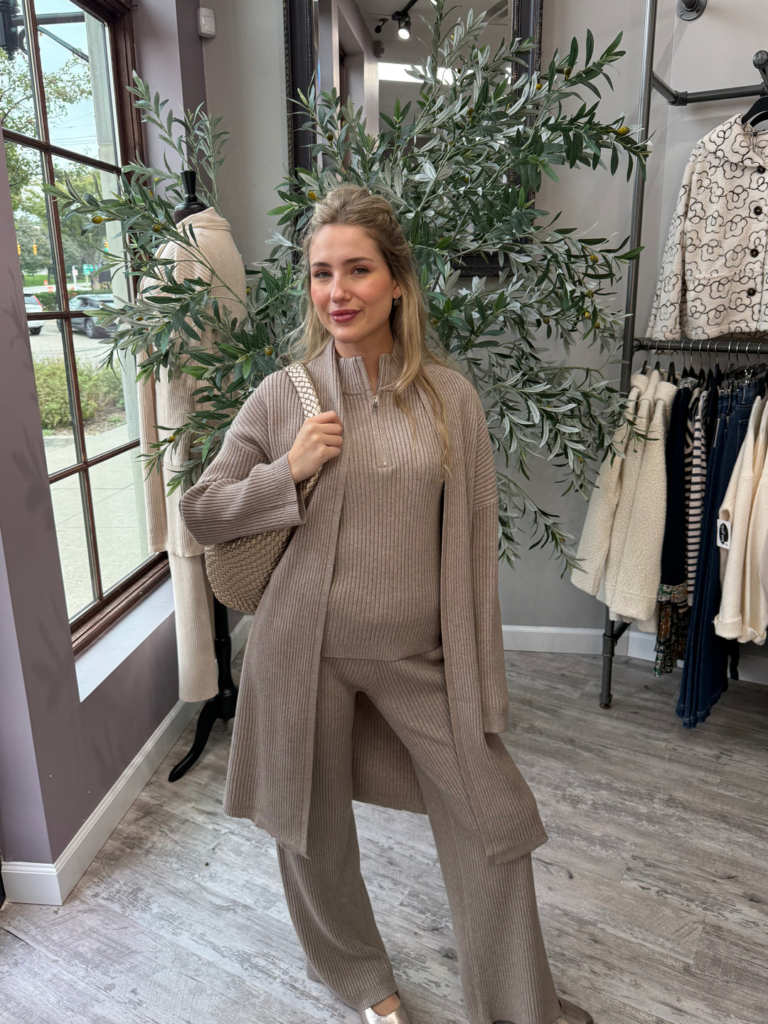 St. Moritz Ribbed Open Cardigan in khaki styled with matching knit set and woven bag, front view