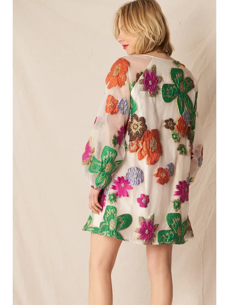 Posy Floral Organza Mini Dress in Cream Multicolor, view 4