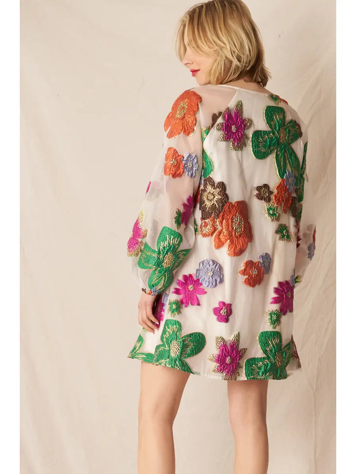 Posy Floral Organza Mini Dress in Cream Multicolor, view 4