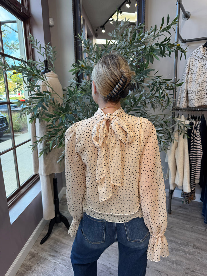 Juliette Polka Dot Blouse back view showing neck bow tie in cream and black dots