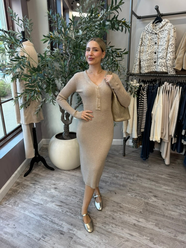 Rory Ribbed Sweater Dress in beige fitted midi silhouette, front view