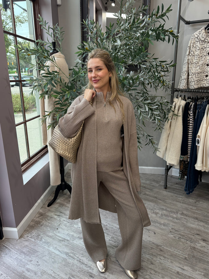 St. Moritz Ribbed Open Cardigan in khaki longline knit, full-length front view