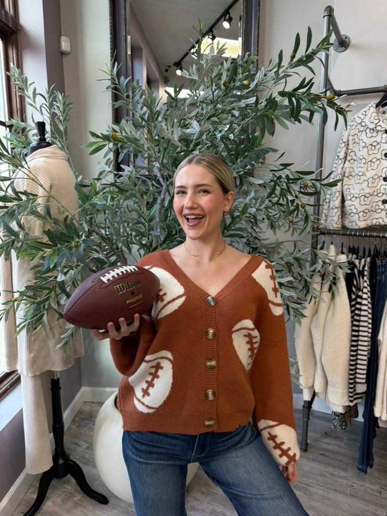 Tailgate Cardigan front view showing V-neck and gold button front