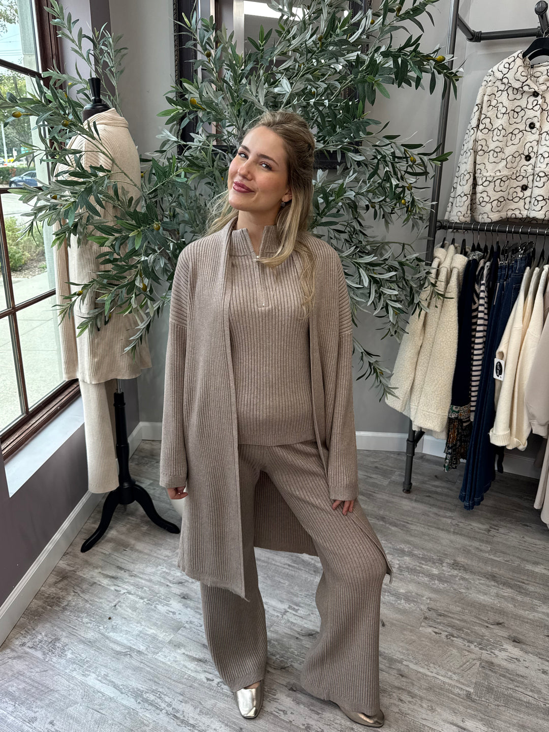 St. Moritz Ribbed Knit Pant and Open Cardigan in khaki, full matching set with metallic flats, front view