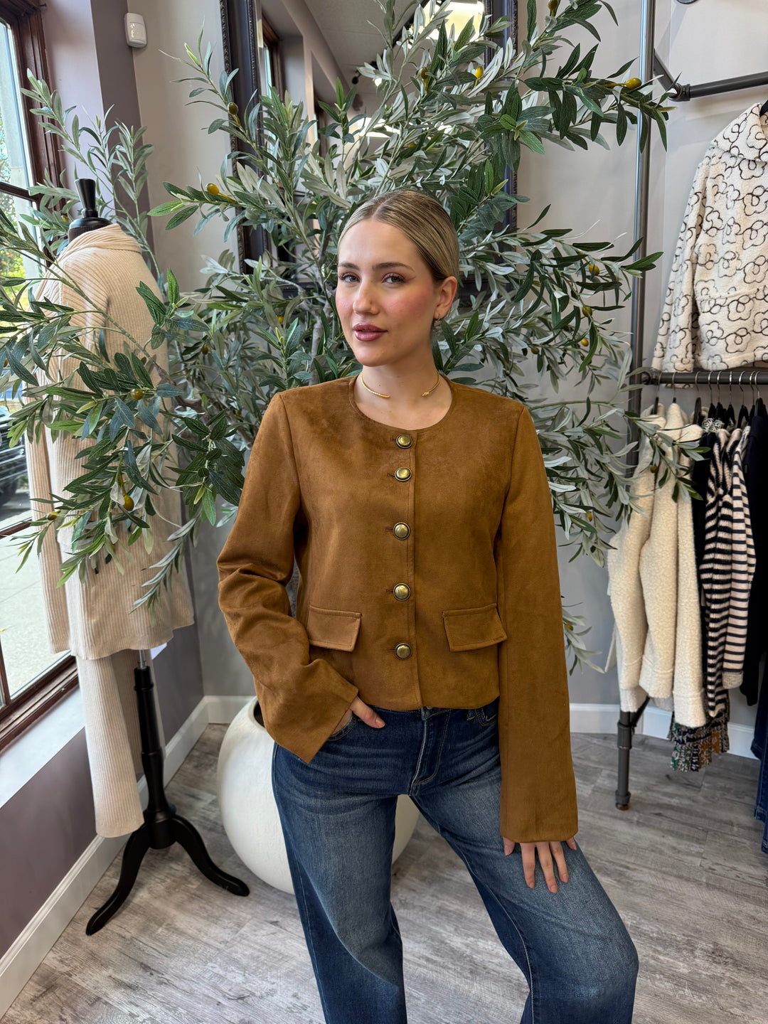 Lana Faux Suede Jacket in brown with collarless neckline, gold buttons and flap pockets, front view