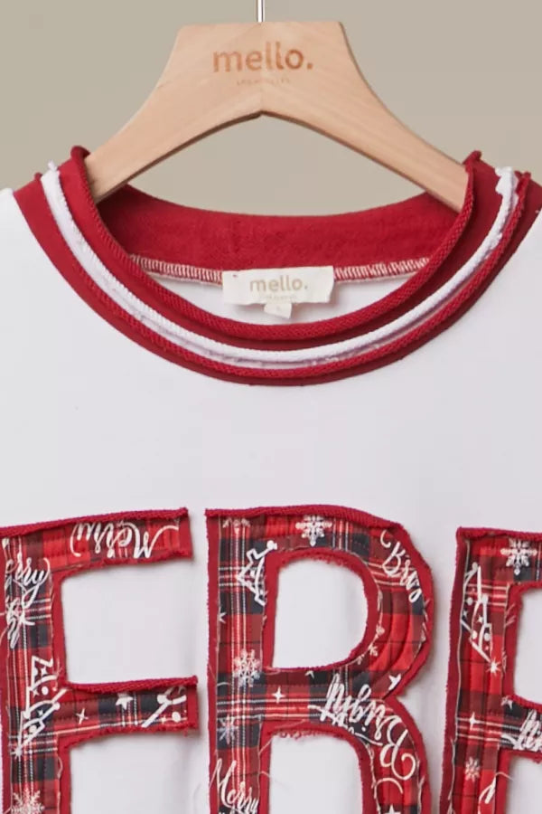 Merry Christmas Plaid Sweatshirt close-up of layered red trim crew neckline
