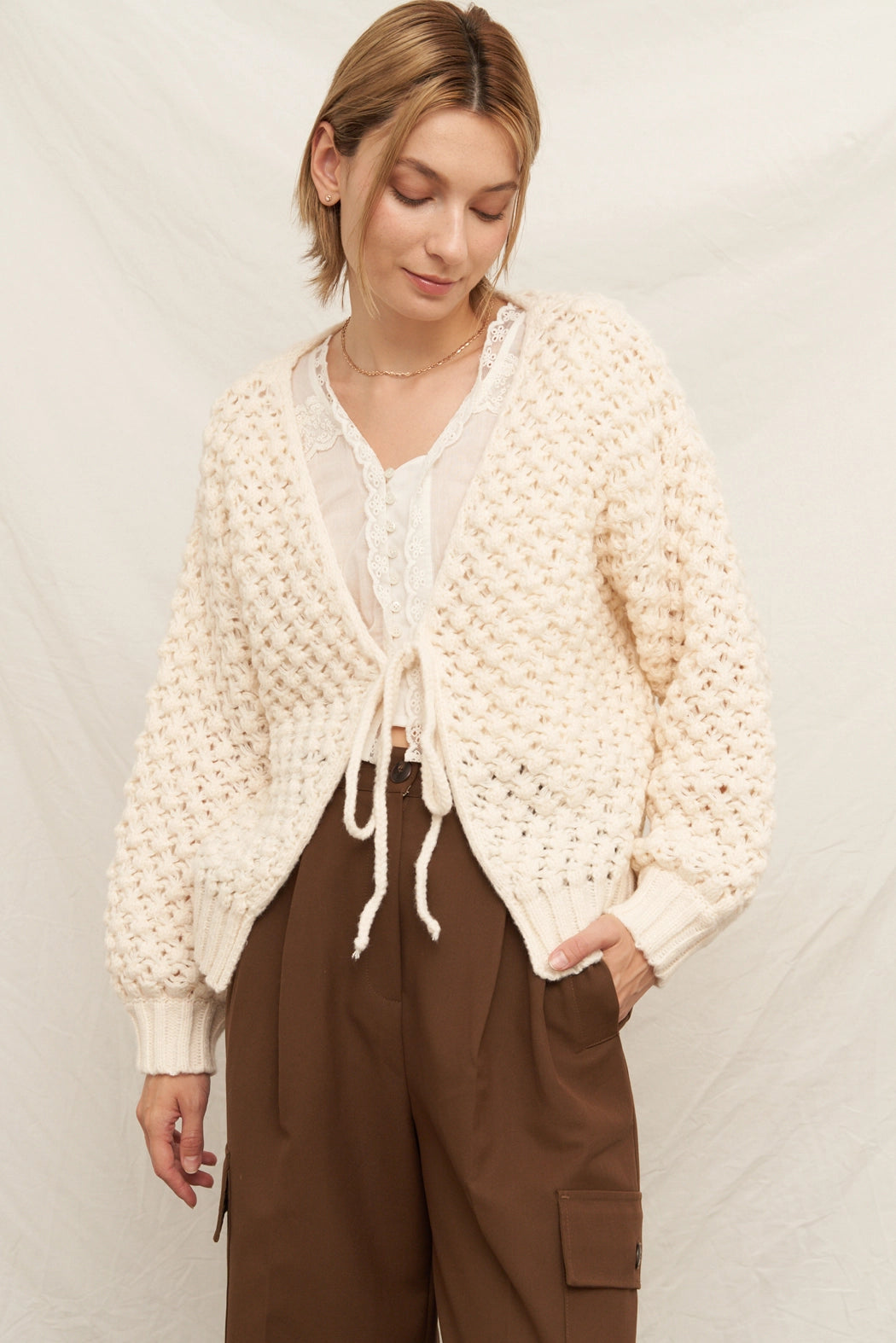 Willow Tie-Front Cardigan in Ivory, view 4
