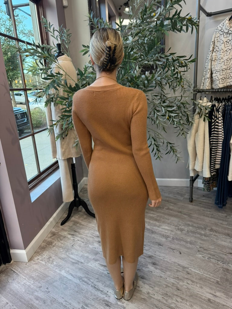 Rory Ribbed Sweater Dress back view in camel ribbed knit midi