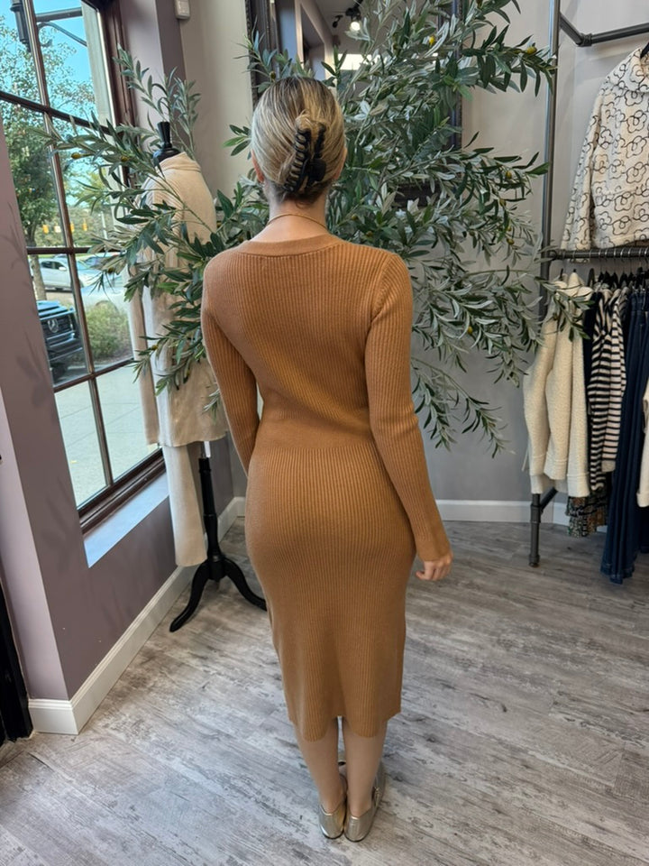 Rory Ribbed Sweater Dress back view in camel ribbed knit midi