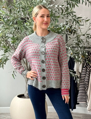 Two Tone Dot Fleck Button Cardigan