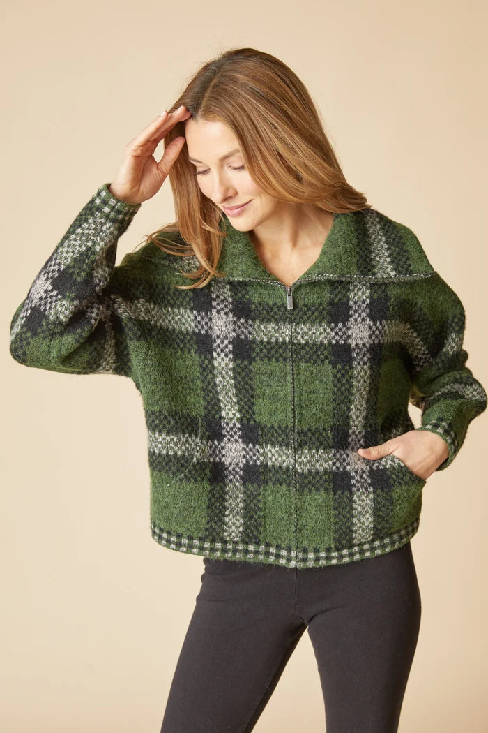 Plaid About You Zip Jacket in Fern, front view