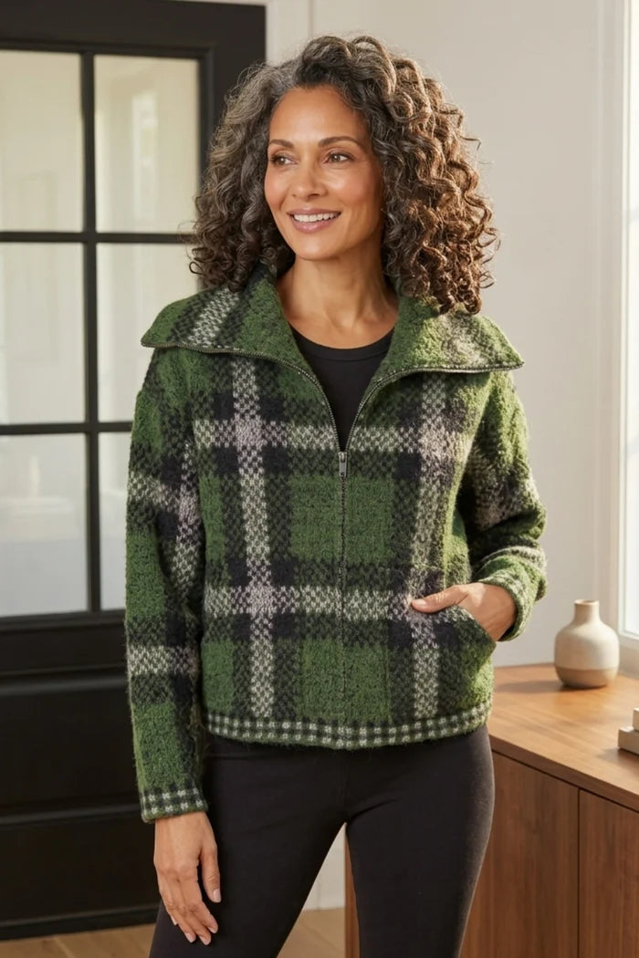 Plaid About You Zip Jacket in Fern, detail view