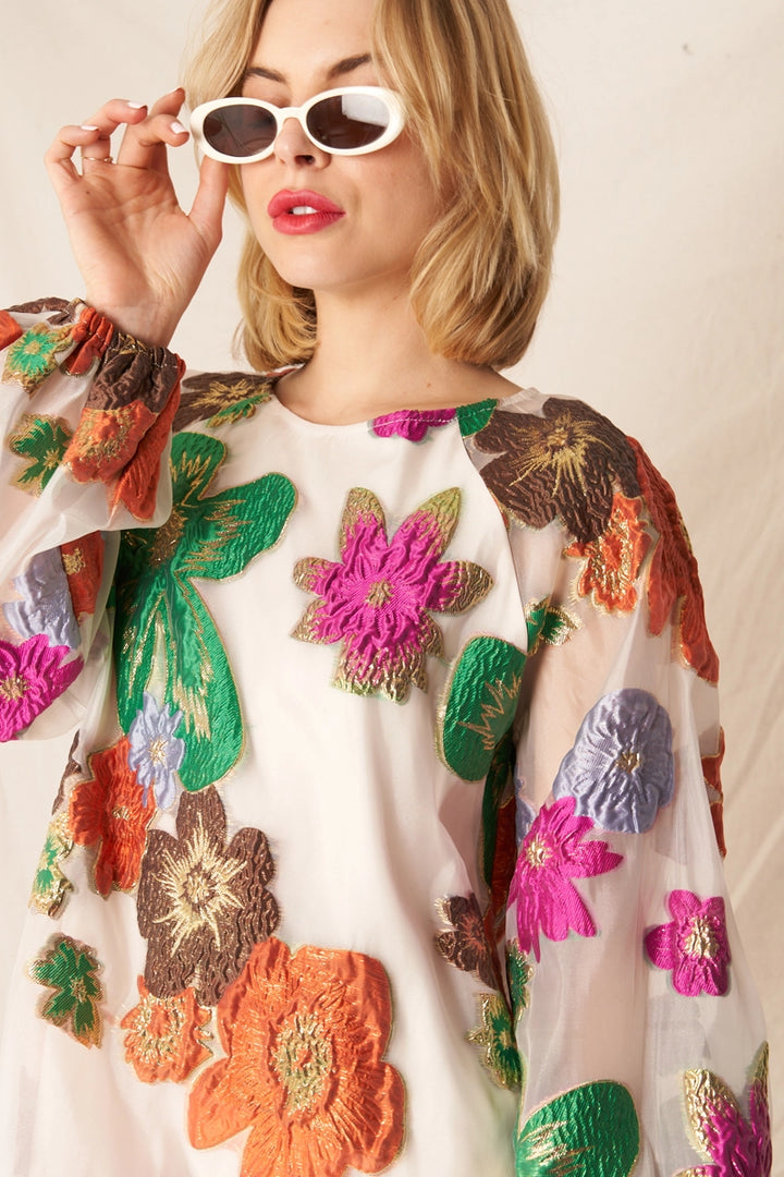 Posy Floral Organza Mini Dress in Cream Multicolor, view 5