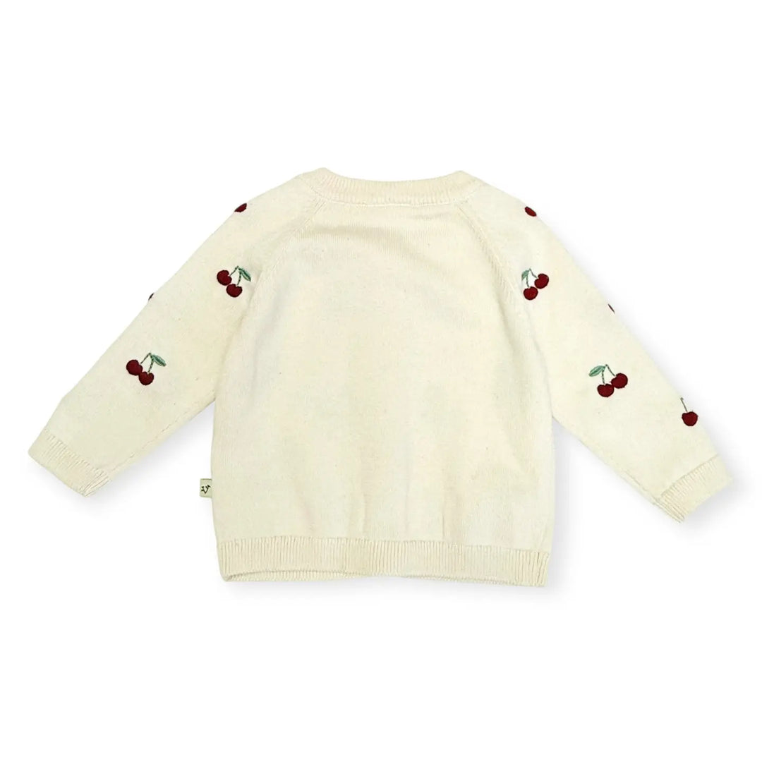 Cream-colored cardigan with cherry embroidery on a white background