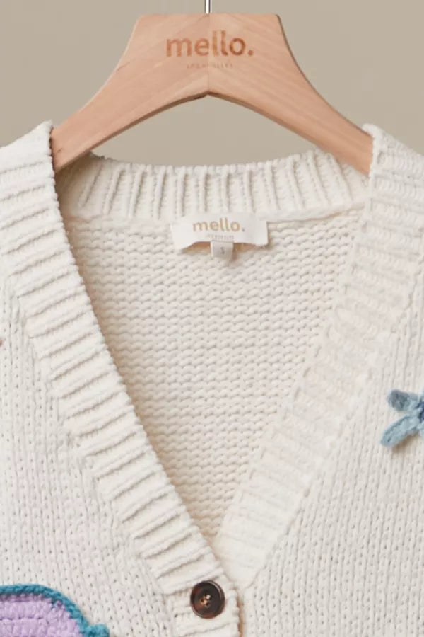 Tide Pool Cardigan close-up of ribbed V-neckline and button front