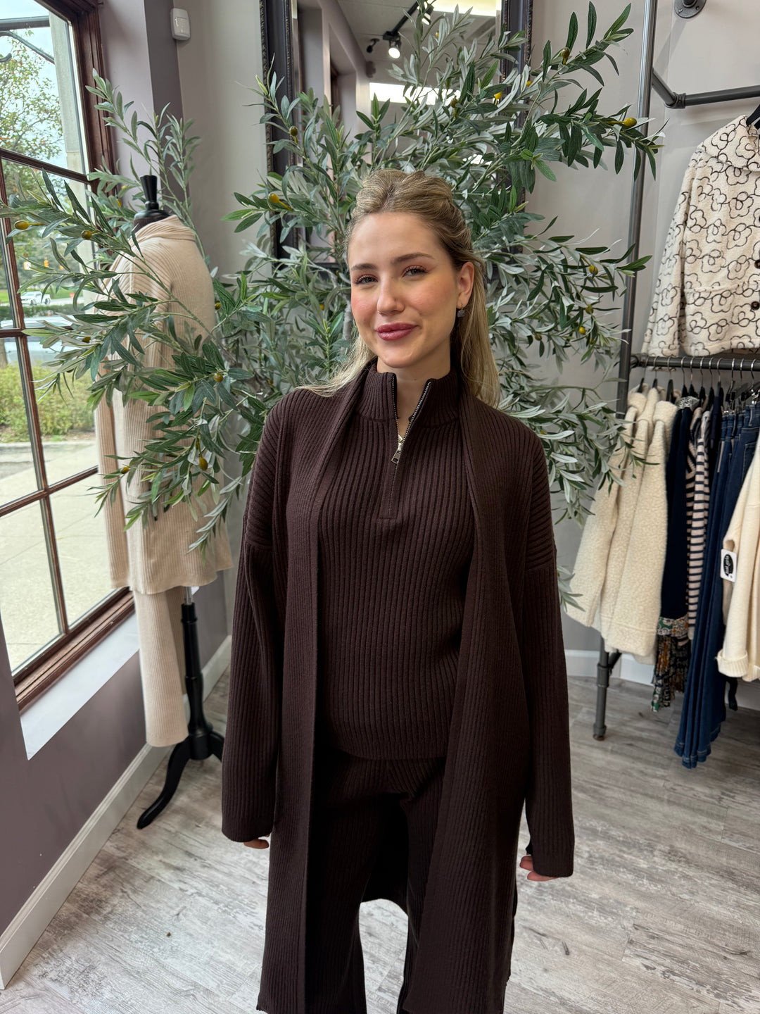 St. Moritz Ribbed Open Cardigan in brown ribbed knit with open front, front view
