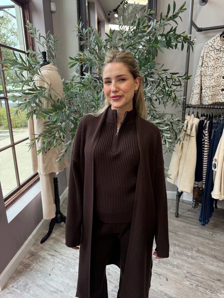 St. Moritz Ribbed Open Cardigan in brown ribbed knit with open front, front view