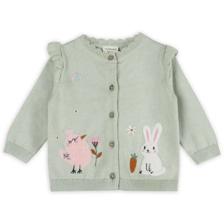 Light green cardigan with animal appliqués on a white background